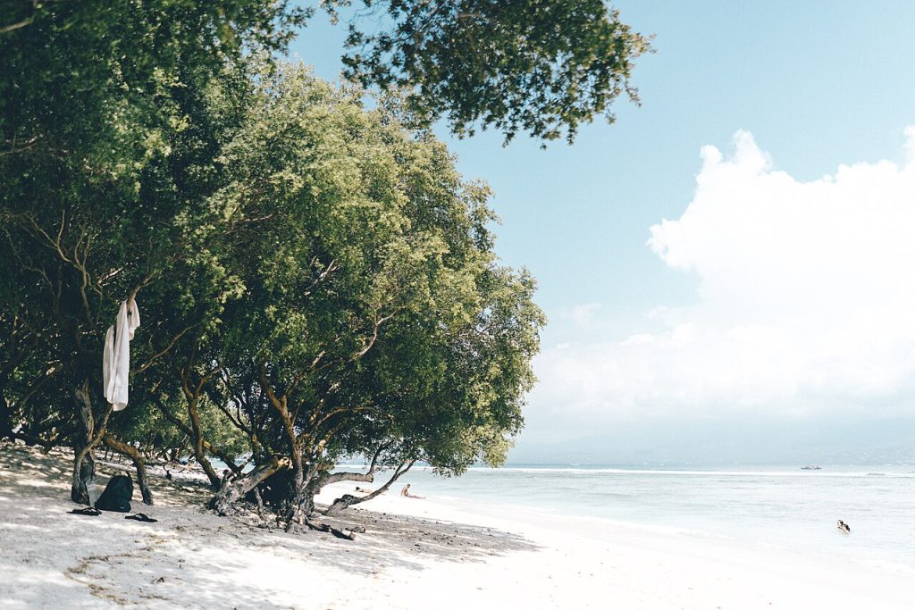 A white garment hangs from a tree on a shaded tropical beach with calm turquoise water and a bright sky.